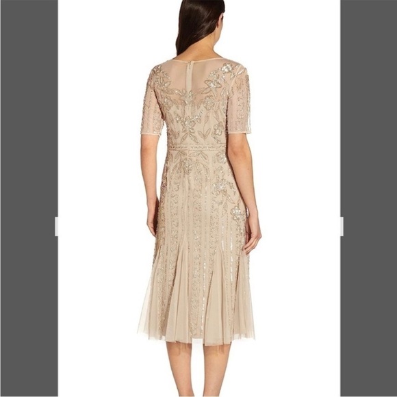 Adrianna Papell Illusion Beaded Mesh Boat Neck Short Sleeve Dress in Biscotti - Picture 3 of 9